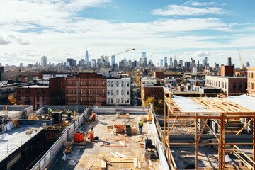 The Rooftop view of the city construction site, an unidentified worker in a construction site in the city, AI generated