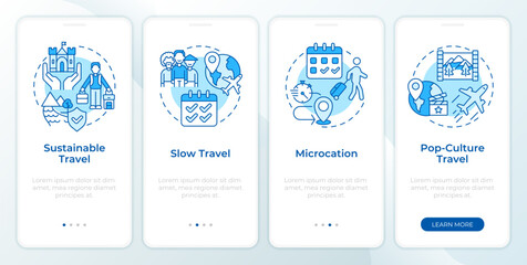 Travel trends blue onboarding mobile app screen. Tourism walkthrough 4 steps editable graphic instructions with linear concepts. UI, UX, GUI template. Montserrat SemiBold, Regular fonts used - obrazy, fototapety, plakaty