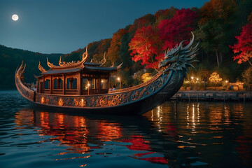 Abstract ancient dragon boat at red leaves lake under fullmoon