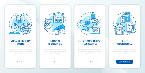 Technology in traveling blue onboarding mobile app screen. Walkthrough 4 steps editable graphic instructions with linear concepts. UI, UX, GUI template. Montserrat SemiBold, Regular fonts used