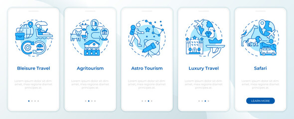 Niche tourism blue onboarding mobile app screen. Travel trends walkthrough 5 steps editable graphic instructions with linear concepts. UI, UX, GUI template. Montserrat SemiBold, Regular fonts used - obrazy, fototapety, plakaty