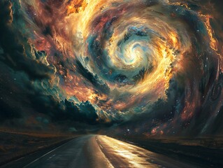 Surreal photorealistic scene of a highway bending into a vibrant spiral galaxy, colors popping ,3DCG,clean sharp focus - obrazy, fototapety, plakaty