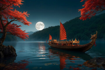 Abstract of ancient yacht with dragon head and the red leaves on the lake - obrazy, fototapety, plakaty