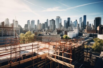 The Rooftop view of the city construction site, an unidentified worker in a construction site in the city, AI generated - obrazy, fototapety, plakaty