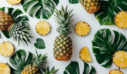 Minimal Pineapple Illustration Pattern on Pure White Background, Top View