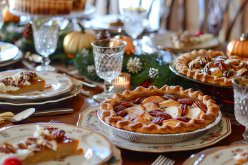 Festive Holiday Dessert Spread. A Thanksgiving feast with pies and elegant table decor.