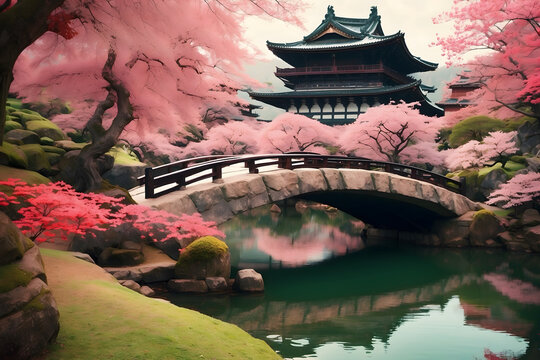 Ancient japnese palace and cherry blossom in the garden