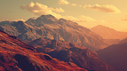 Mountains captured as if through a vintage red filter, with peaceful expressions