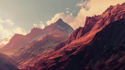 Reddish mountains reminiscent of old film imagery, with peaceful expressions - obrazy, fototapety, plakaty