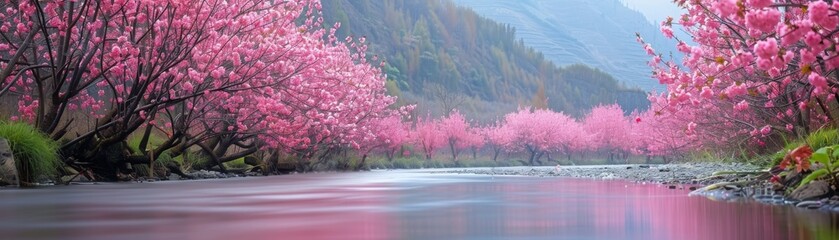 Cherry blossoms in full bloom along a peaceful river