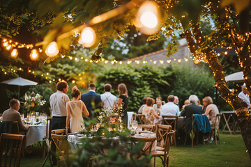 Elegant outdoor wedding reception with string lights - obrazy, fototapety, plakaty