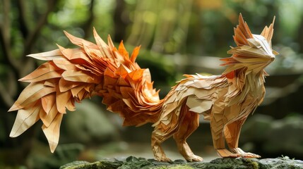 Origami exhibition paper crafted into intricate animals and figures - obrazy, fototapety, plakaty