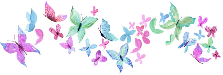 Pastel colored watercolor hand painted butterflies. PNG transparent design element