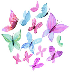 Pastel colored watercolor hand painted butterflies. PNG transparent design element - 776948609
