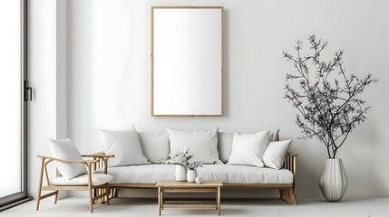 Mock up poster interior composition sofa wood chair flower and white poster