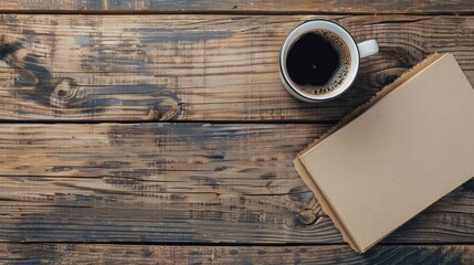 Coffee and good morning concept. Cup of coffee and good morning note on wooden background with copy space
