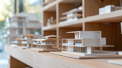 A collection of architectural scale models meticulously displayed on wooden shelves for exhibit
