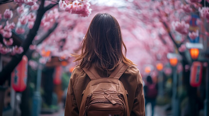 Visiting Japan to admire the cherry blossoms is a magical experience that attracts travelers from all over the world. - obrazy, fototapety, plakaty
