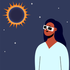 Woman wearing safety glasses watch a solar eclipse. Vector illustration
