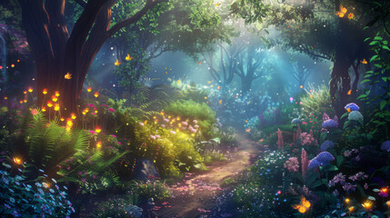 Obraz na płótnie Canvas A mystical forest path illuminated by fireflies, leading to an enchanted garden filled with colorful flowers and magical creatures
