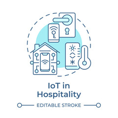 IoT in hospitality soft blue concept icon. Smart hotel. Technology integration in travelling. Round shape line illustration. Abstract idea. Graphic design. Easy to use in blog post