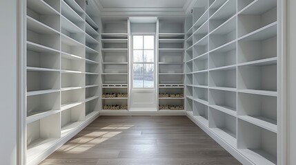 Fototapeta premium A Neatly Designed Pantry Interior, Where Stark White Shelves Complement the Richness of Dark Wood Flooring