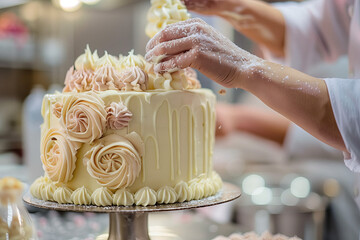 Decorator icing a floral cake. The process of a pastry chef meticulously decorating a signature cake