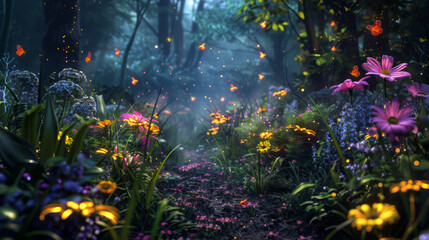 Fototapeta na wymiar A mystical forest path illuminated by fireflies, leading to an enchanted garden filled with colorful flowers and magical creatures