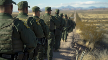 A group of border patrol agents standing in formation in a desert area, vigilantly securing the perimeter