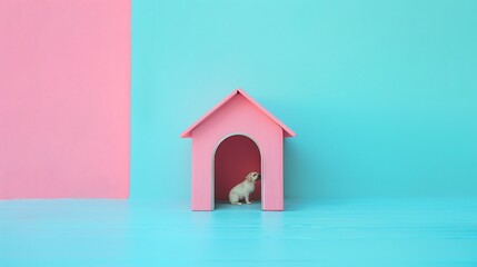 Pink doghouse on bright blue background in pastel colors