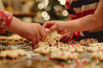 The warmth of a family kitchen on Christmas Eve, where hands of all ages are decorating sugar cookies with festive sprinkles and colors, the air filled with laughter and the scent of vanilla