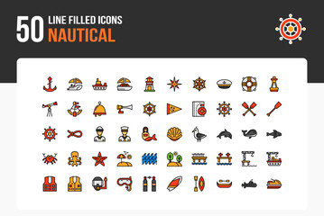 Set of 50 Nautical icons related to Anchor, Boat, Sailboat, Ship Line Filled Icon collection