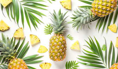 Aesthetic Pineapple Design Pattern on Clean White Background, Overhead View - obrazy, fototapety, plakaty