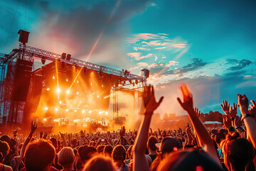 Crowded concert with uplifted hands against a sunset sky