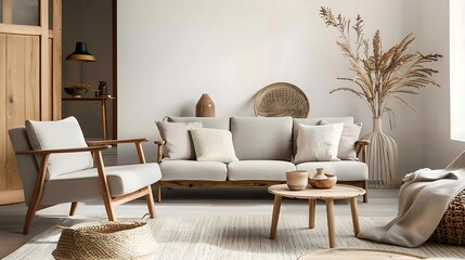 Fototapeta premium Scandinavian interior design living room with gray and beige colored furniture and wooden elements