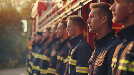 Obraz premium Firefighters standing in formation with blurred faces, in front of a fire truck during golden hour