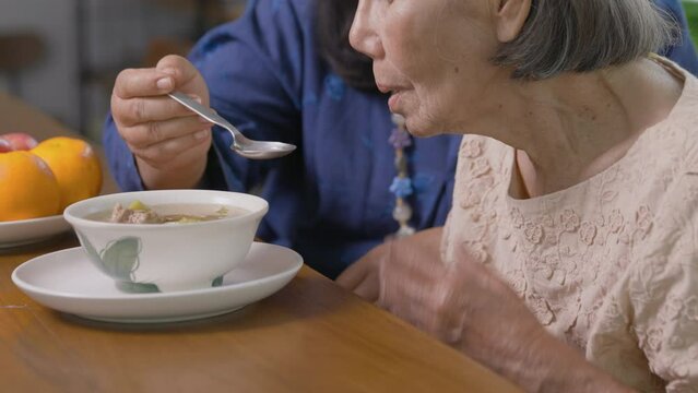 Caregiver feeding elderly woman with soup in dining room.