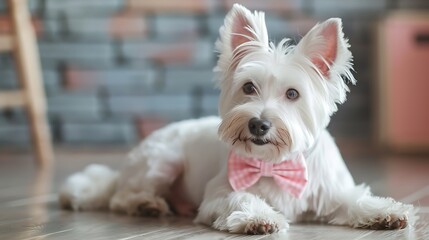 funny west highland white terrier dressed in pink bow tie is lying on floor Cute dog is waving head