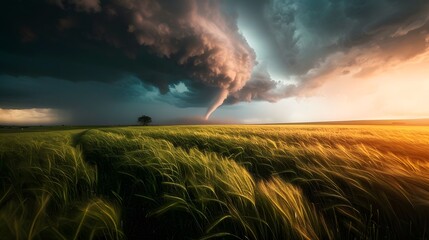 Fototapeta na wymiar Grass field under siege: Tornado in a dramatic stormscape AI Image