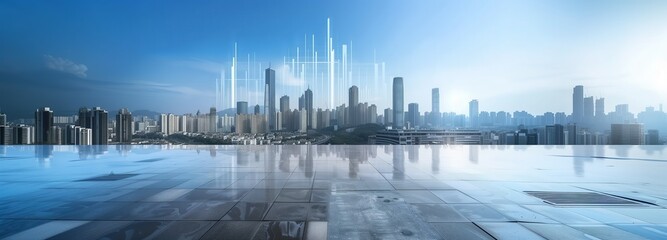 Smart City Panorama: Reflective Cityscapes and Sky, Architectural Serenity, and Glossy Vistas of Urban Tranquility