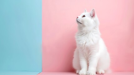 White Scottish purebred cat on pink and blue background