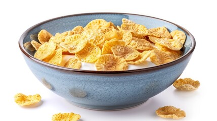A Wholesome Bowl of Cornflakes Paired with Milk and Yogurt, Displayed in Simple Elegance on a White Background