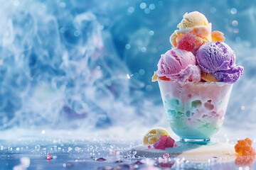 Vibrant scoops of ice cream amidst a dreamy, misty backdrop. Frosty scene of an ice cream sundae, with scoops of vividly colored gelato topped with sparkling sugar crystals.