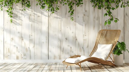 white wood plank wall and wooden floor decorate with rattan lounge chair decorate wall with green plan