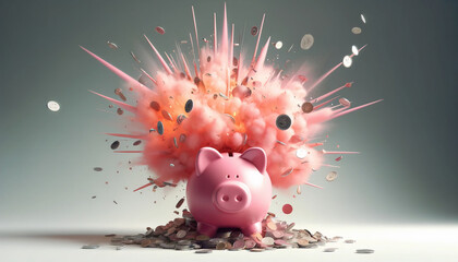 piggy bank exploding pieces of money- saving money, investment, economy concept