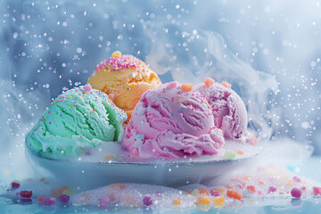 Vibrant scoops of ice cream amidst a dreamy, misty backdrop. Frosty scene of an ice cream sundae, with scoops of vividly colored gelato topped with sparkling sugar crystals.