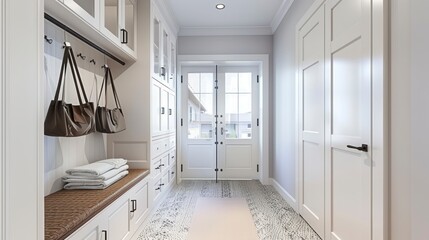 A Sleek White Hallway Set-Up, Including a Storage Cabinet with Hangers, a Bench with Drawers, and Overhead Compartments, Leading to the Bathroom