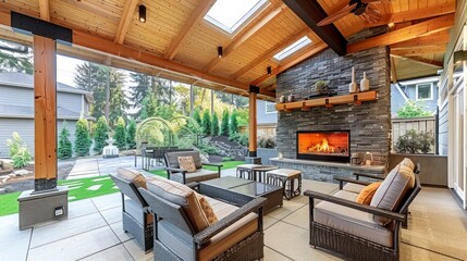 A Covered Patio Oasis Featuring a Cozy Fireplace and Chic Furniture, Topped with a Wood Ceiling and Skylights