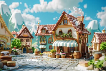 3d render of bakery village, Digital 3D, game art, blender style, props, concept art, cute, CUTE character