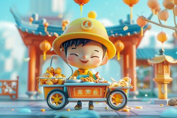 A beacon of culinary delight, our hero with a noodle cart kindles joy in urban foodscapes , 3d character design, mascot  very cuted, blender 3d styles, gradient color